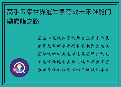 高手云集世界冠军争夺战未来谁能问鼎巅峰之路