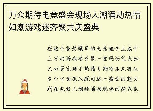万众期待电竞盛会现场人潮涌动热情如潮游戏迷齐聚共庆盛典