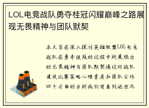 LOL电竞战队勇夺桂冠闪耀巅峰之路展现无畏精神与团队默契