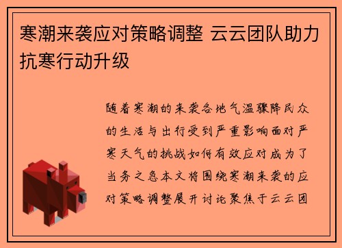 寒潮来袭应对策略调整 云云团队助力抗寒行动升级