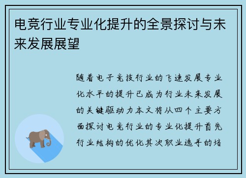电竞行业专业化提升的全景探讨与未来发展展望