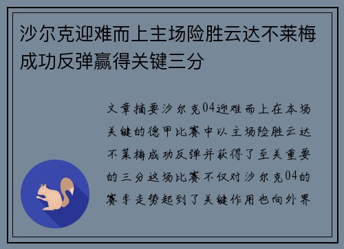 沙尔克迎难而上主场险胜云达不莱梅成功反弹赢得关键三分