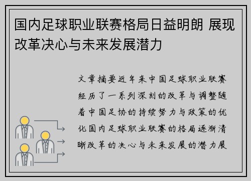 国内足球职业联赛格局日益明朗 展现改革决心与未来发展潜力