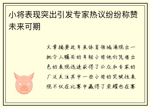 小将表现突出引发专家热议纷纷称赞未来可期