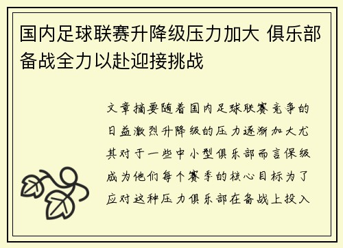 国内足球联赛升降级压力加大 俱乐部备战全力以赴迎接挑战