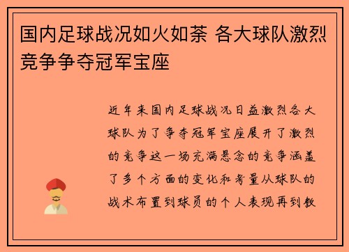 国内足球战况如火如荼 各大球队激烈竞争争夺冠军宝座