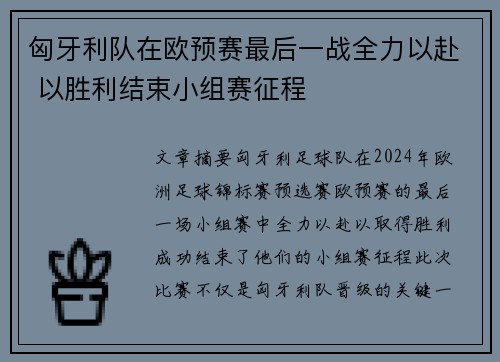 匈牙利队在欧预赛最后一战全力以赴 以胜利结束小组赛征程