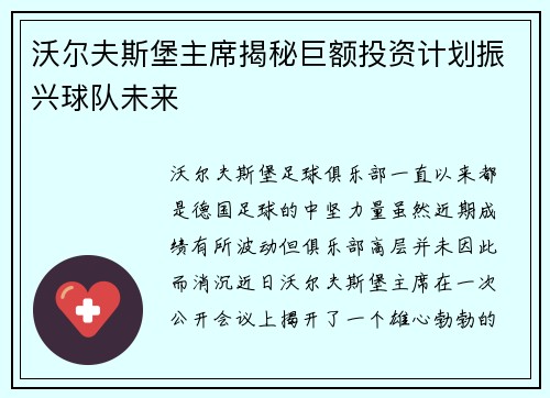 沃尔夫斯堡主席揭秘巨额投资计划振兴球队未来