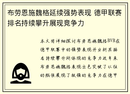 布劳恩施魏格延续强势表现 德甲联赛排名持续攀升展现竞争力