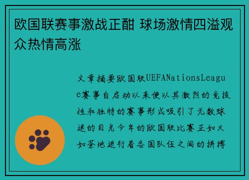 欧国联赛事激战正酣 球场激情四溢观众热情高涨