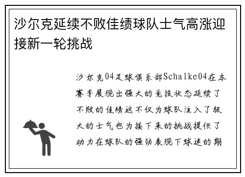 沙尔克延续不败佳绩球队士气高涨迎接新一轮挑战