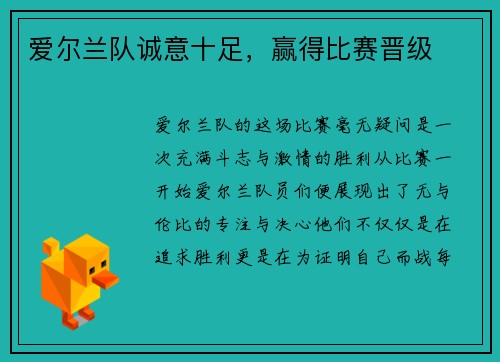 爱尔兰队诚意十足，赢得比赛晋级
