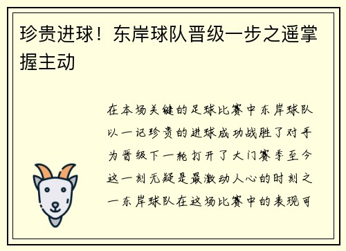 珍贵进球！东岸球队晋级一步之遥掌握主动