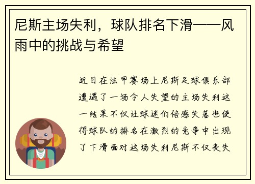 尼斯主场失利，球队排名下滑——风雨中的挑战与希望