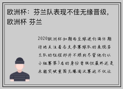 欧洲杯：芬兰队表现不佳无缘晋级，欧洲杯 芬兰