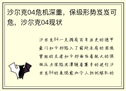 沙尔克04危机深重，保级形势岌岌可危，沙尔克04现状