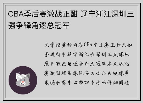 CBA季后赛激战正酣 辽宁浙江深圳三强争锋角逐总冠军