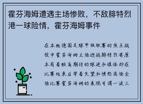 霍芬海姆遭遇主场惨败，不敌腓特烈港一球险情，霍芬海姆事件