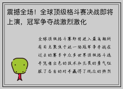 震撼全场！全球顶级格斗赛决战即将上演，冠军争夺战激烈激化