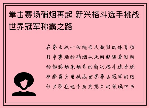 拳击赛场硝烟再起 新兴格斗选手挑战世界冠军称霸之路
